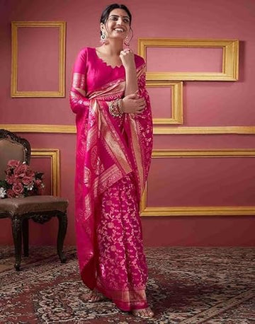 Radiant Magenta Banarasi Silk Saree with Golden Zari