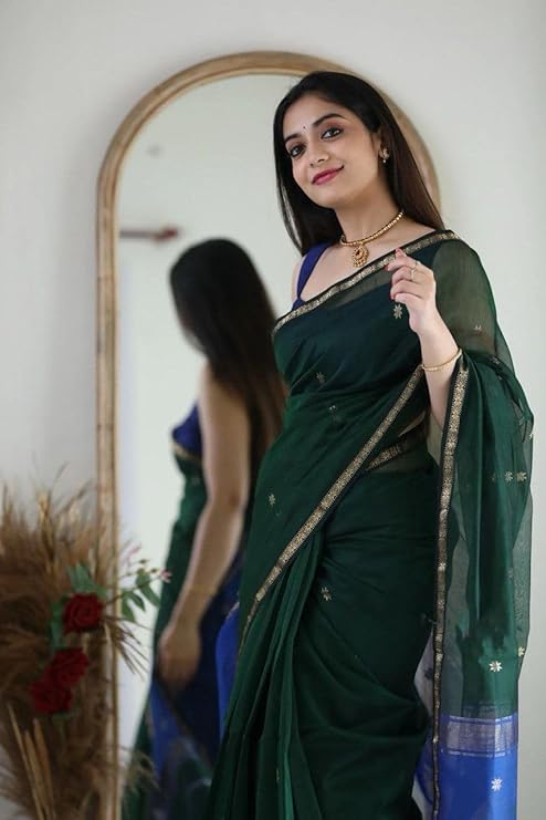 Forest Green Handloom Saree with Royal Blue and Zari Weaving