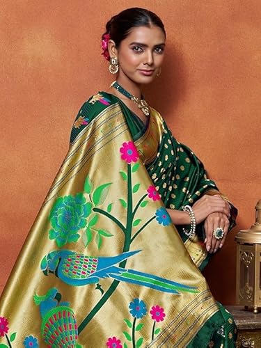Artistic Emerald Green Paithani Silk Saree with Woven Peacock Motifs