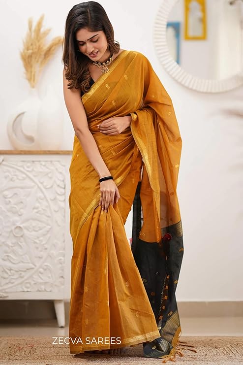 Mustard and Black Dual-Tone Cotton Silk Saree