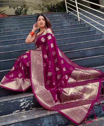 Plum Purple Banarasi Silk Saree with Antique Gold Zari Weave