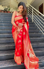 Exquisite Red Banarasi Silk Saree with All-Over Golden Butta Work