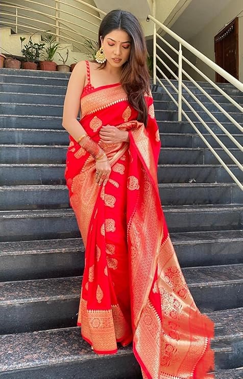 Exquisite Red Banarasi Silk Saree with All-Over Golden Butta Work