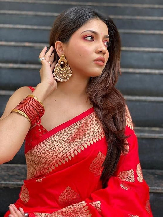 Exquisite Red Banarasi Silk Saree with All-Over Golden Butta Work