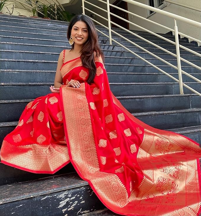Exquisite Red Banarasi Silk Saree with All-Over Golden Butta Work