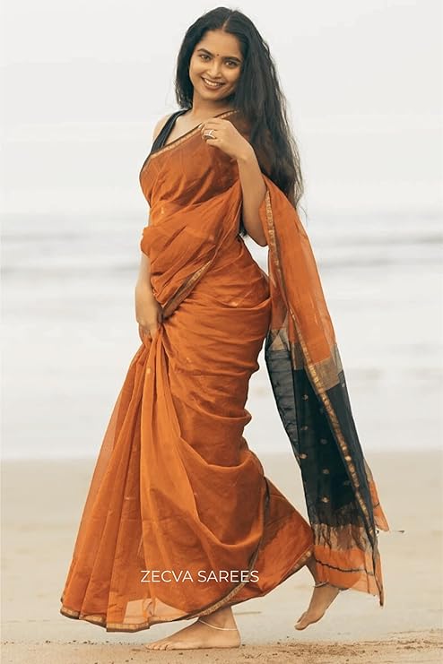 Rust Orange and Black Dual-Tone Cotton Silk Saree