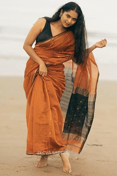 Rust Orange and Black Dual-Tone Cotton Silk Saree