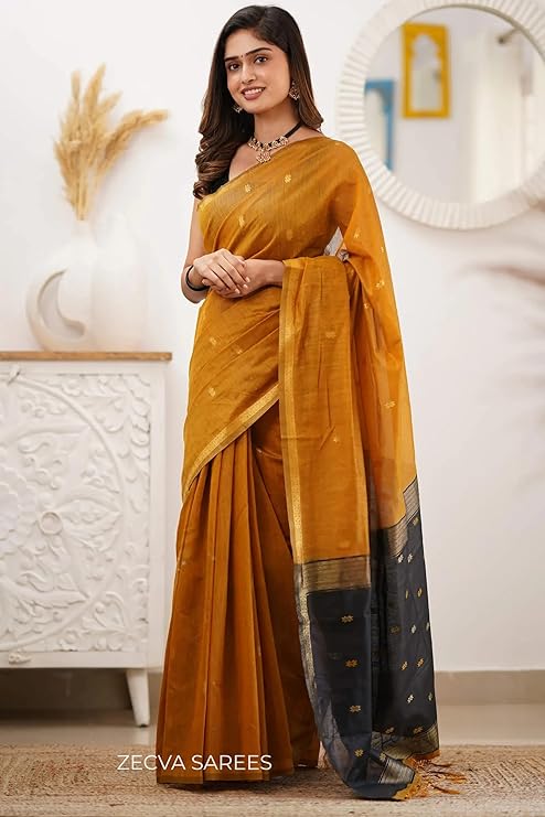 Mustard and Black Dual-Tone Cotton Silk Saree