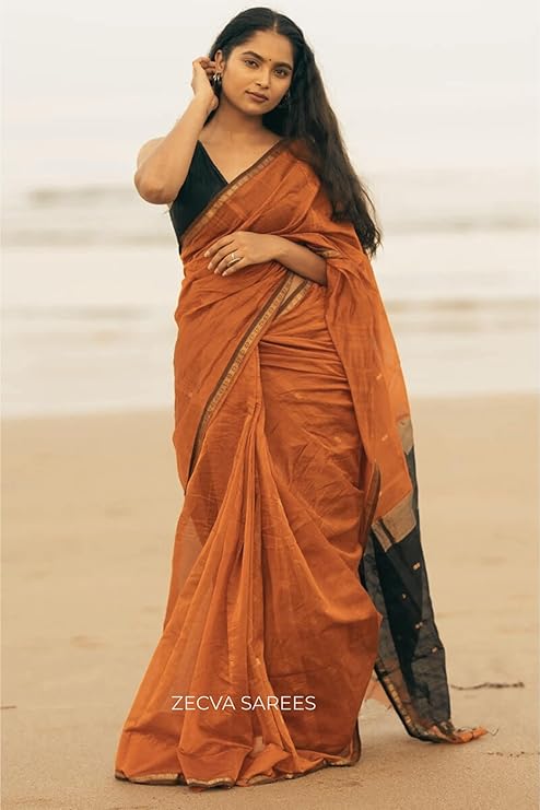 Rust Orange and Black Dual-Tone Cotton Silk Saree