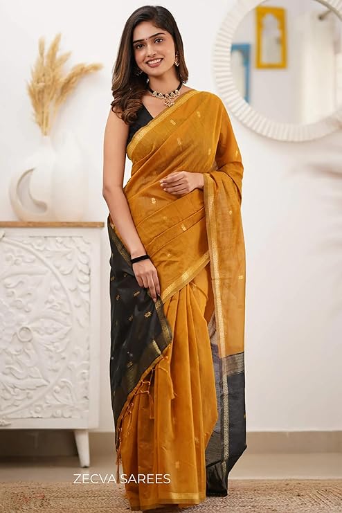 Mustard and Black Dual-Tone Cotton Silk Saree