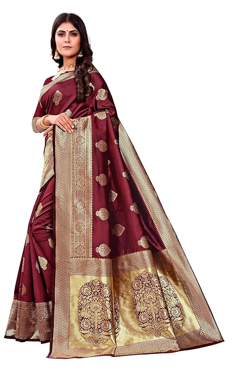 Grand Maroon Banarasi Silk Saree with All-Over Golden Butta Motifs