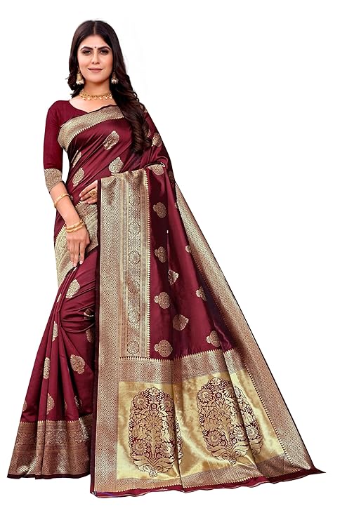 Grand Maroon Banarasi Silk Saree with All-Over Golden Butta Motifs
