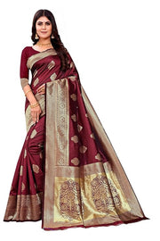 Grand Maroon Banarasi Silk Saree with All-Over Golden Butta Motifs