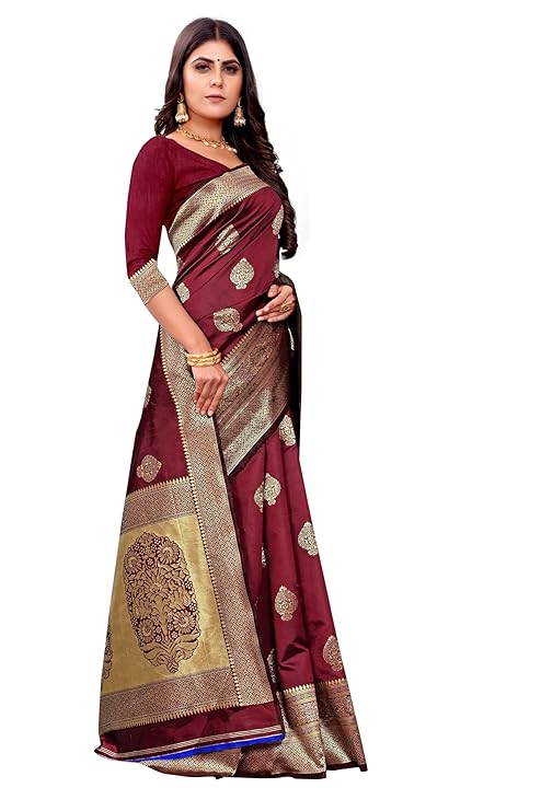 Grand Maroon Banarasi Silk Saree with All-Over Golden Butta Motifs