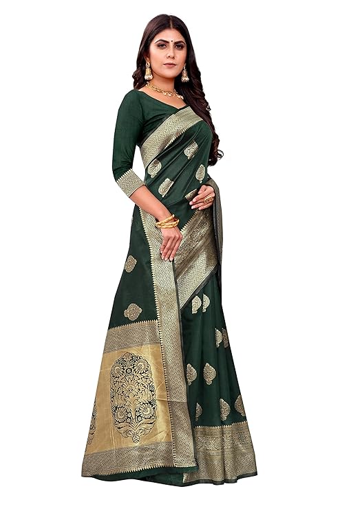 Luxurious Emerald Green Banarasi Silk Saree with All-Over Golden Butta Motifs