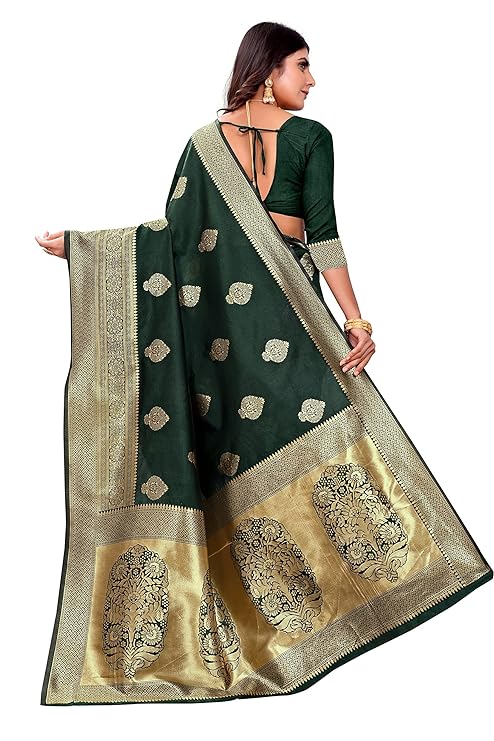 Luxurious Emerald Green Banarasi Silk Saree with All-Over Golden Butta Motifs