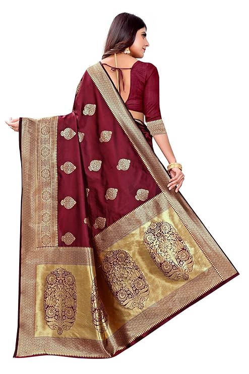 Grand Maroon Banarasi Silk Saree with All-Over Golden Butta Motifs