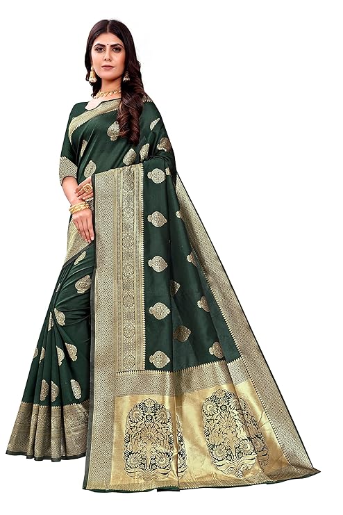 Luxurious Emerald Green Banarasi Silk Saree with All-Over Golden Butta Motifs