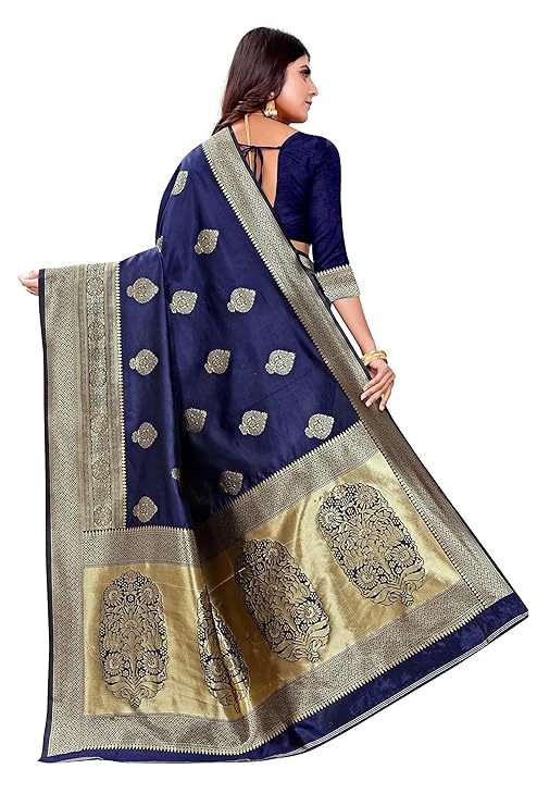 Royal Navy Blue Banarasi Silk Saree with Grand Golden Zari Motifs