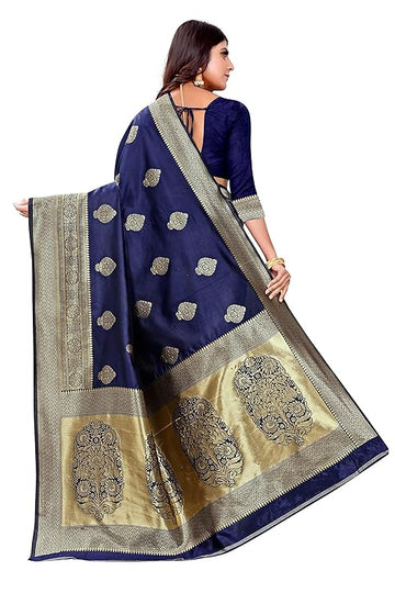 Royal Navy Blue Banarasi Silk Saree with Grand Golden Zari Motifs