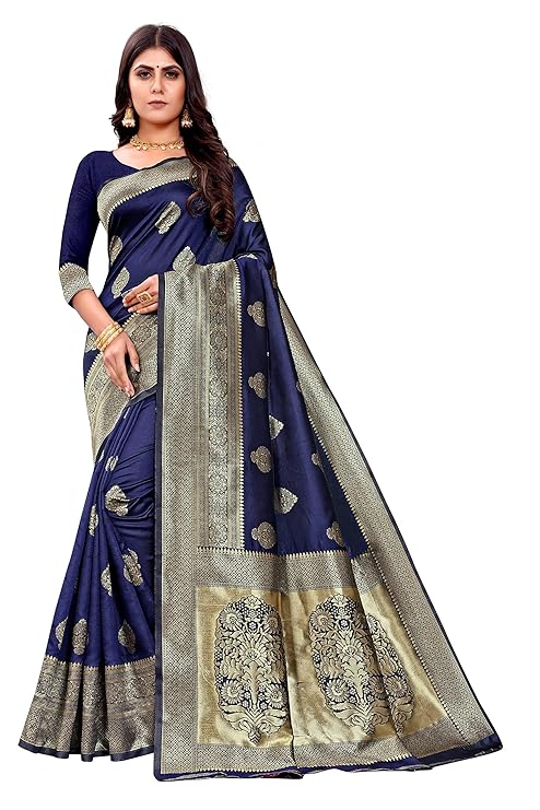 Royal Navy Blue Banarasi Silk Saree with Grand Golden Zari Motifs