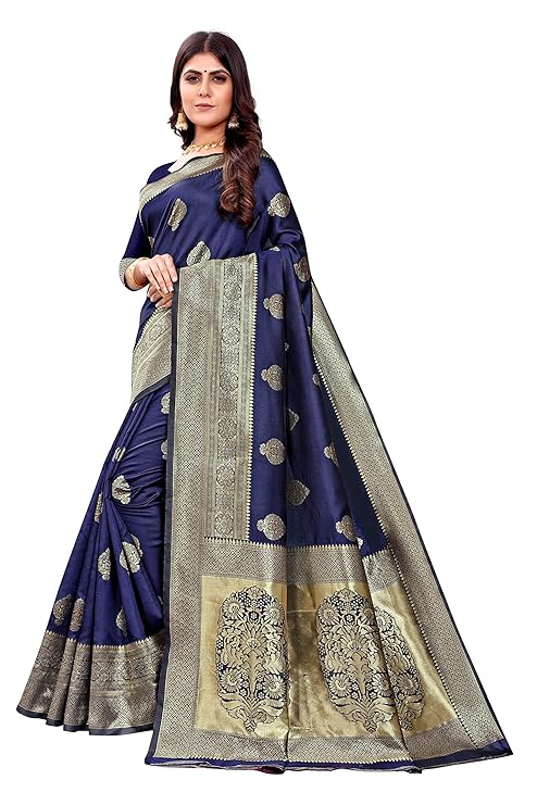 Royal Navy Blue Banarasi Silk Saree with Grand Golden Zari Motifs