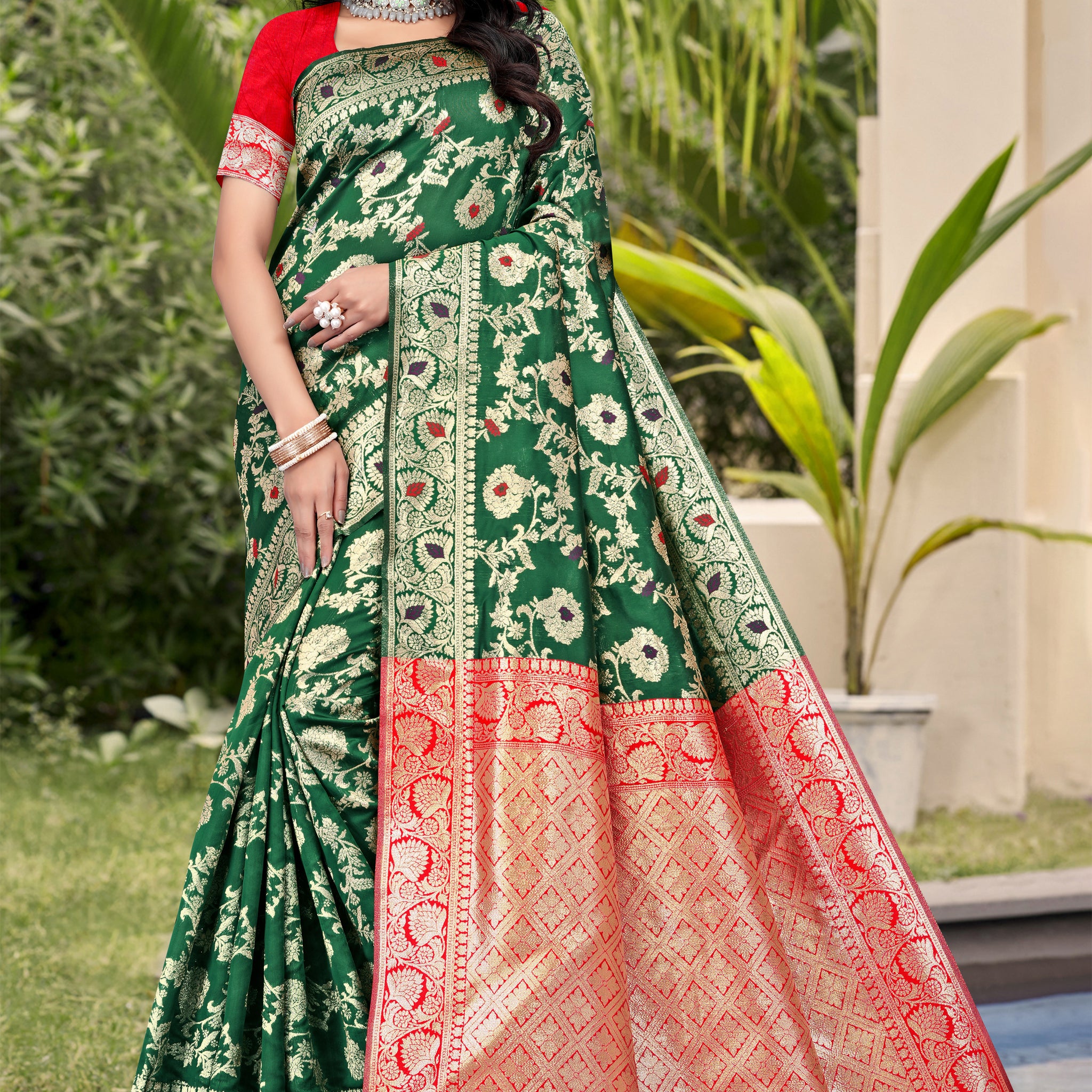 Emerald Green Banarasi Silk Saree with Red Zari Weaving
