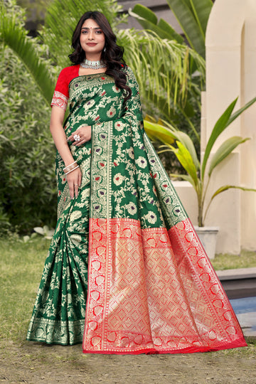 Emerald Green Banarasi Silk Saree with Red Zari Weaving