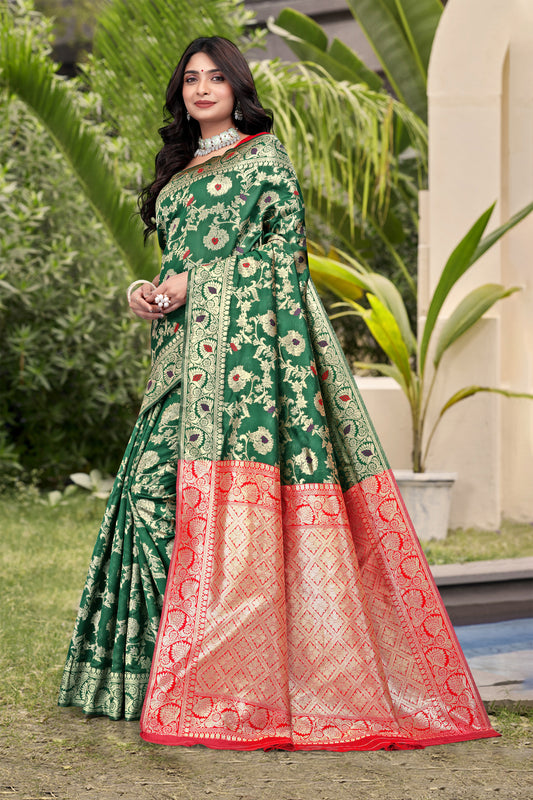 Emerald Green Banarasi Silk Saree with Red Zari Weaving