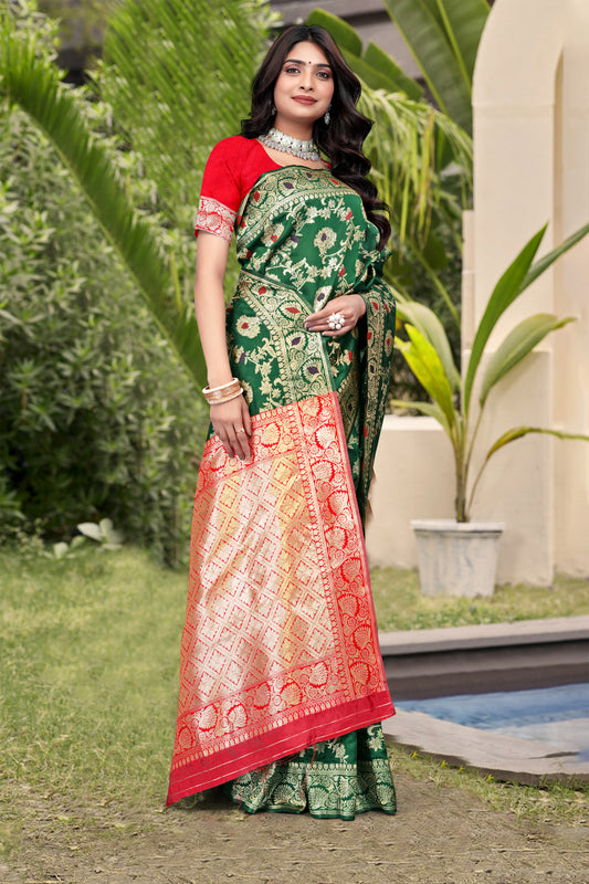 Emerald Green Banarasi Silk Saree with Red Zari Weaving