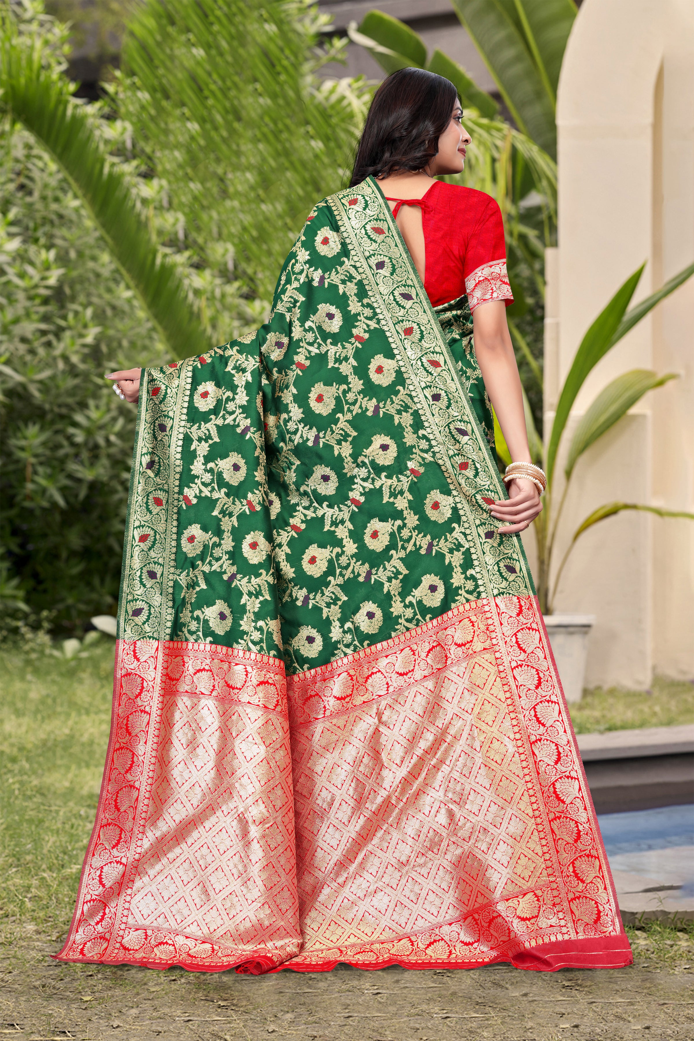 Emerald Green Banarasi Silk Saree with Red Zari Weaving