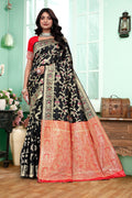 Mystical Black Banarasi Silk Saree with Ruby Red Weaving