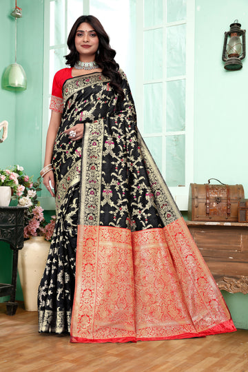 Mystical Black Banarasi Silk Saree with Ruby Red Weaving