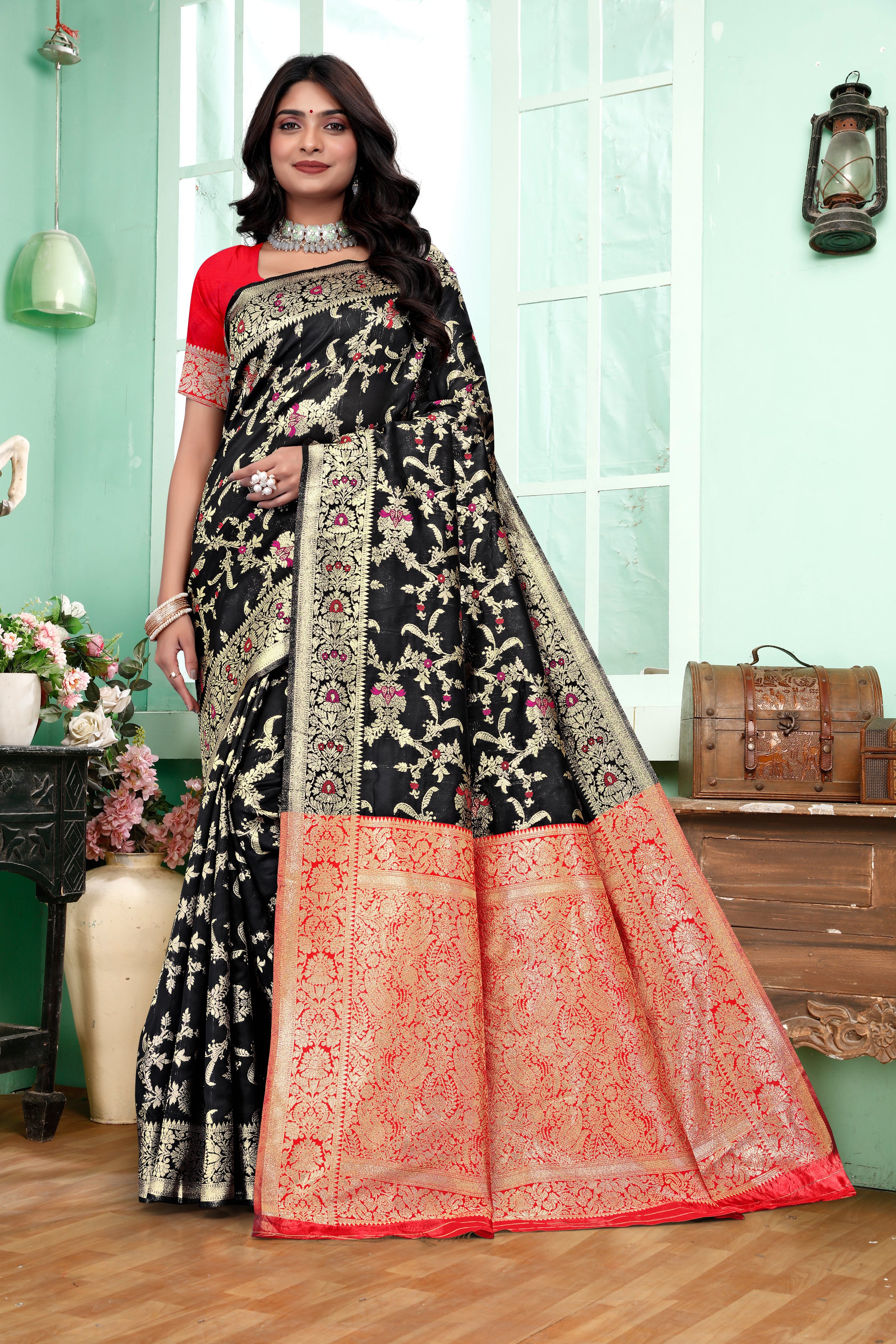 Mystical Black Banarasi Silk Saree with Ruby Red Weaving