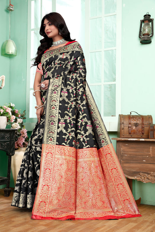 Mystical Black Banarasi Silk Saree with Ruby Red Weaving