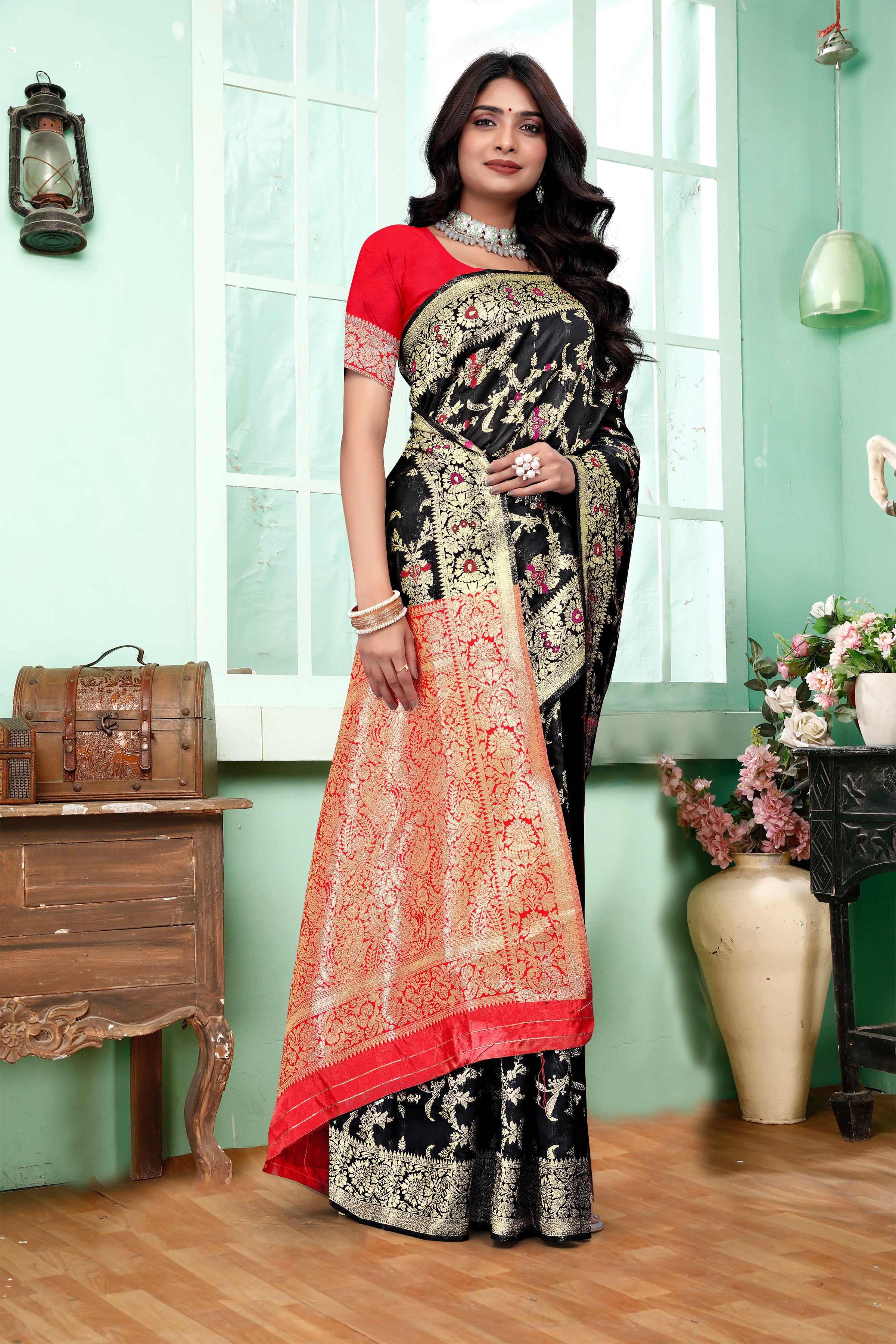 Mystical Black Banarasi Silk Saree with Ruby Red Weaving