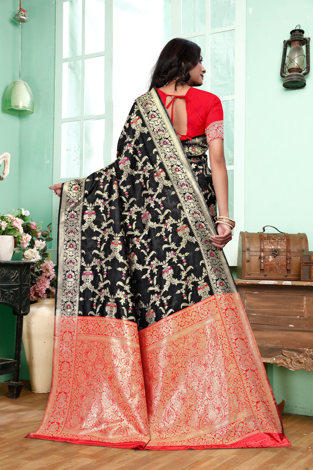 Mystical Black Banarasi Silk Saree with Ruby Red Weaving