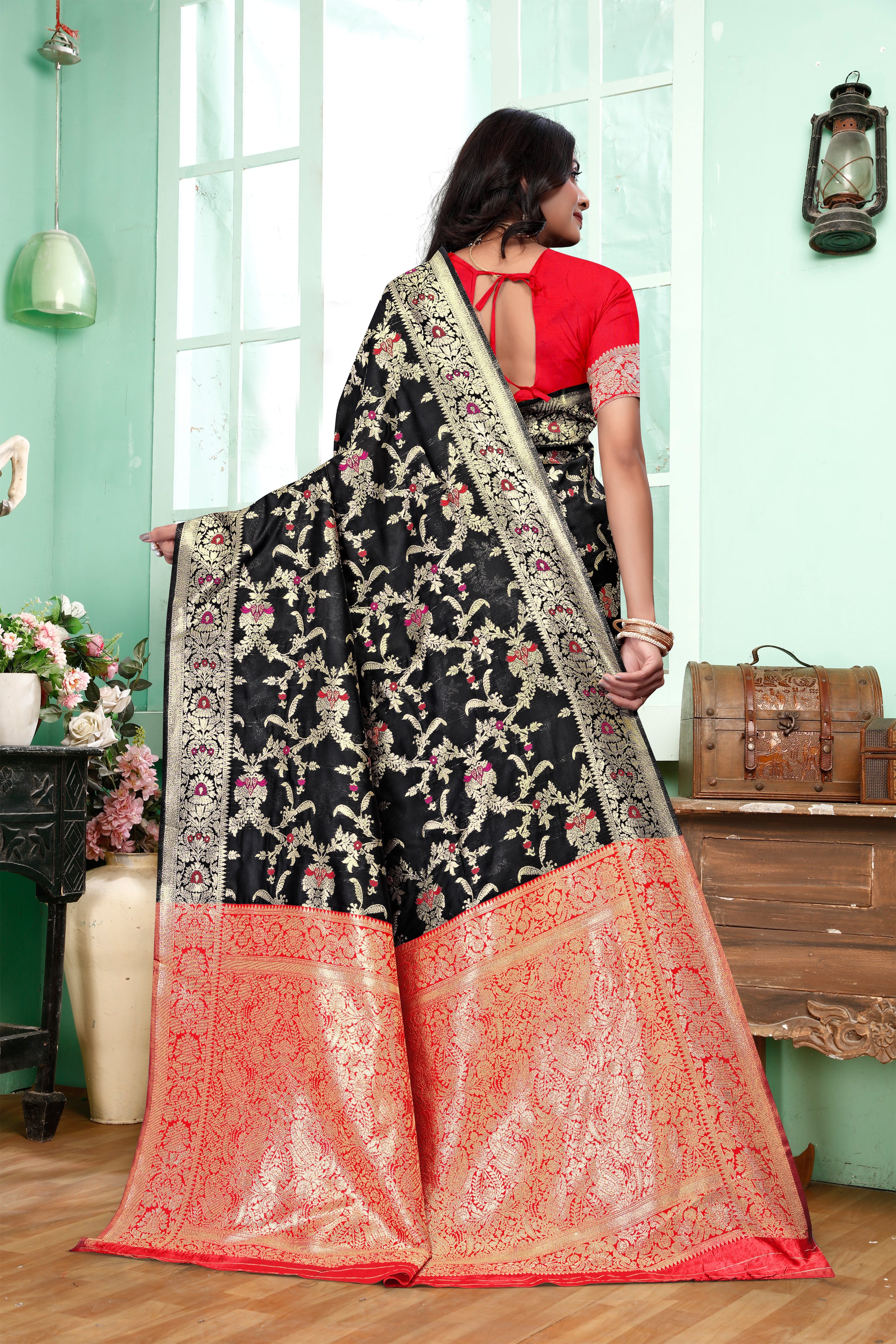 Mystical Black Banarasi Silk Saree with Ruby Red Weaving