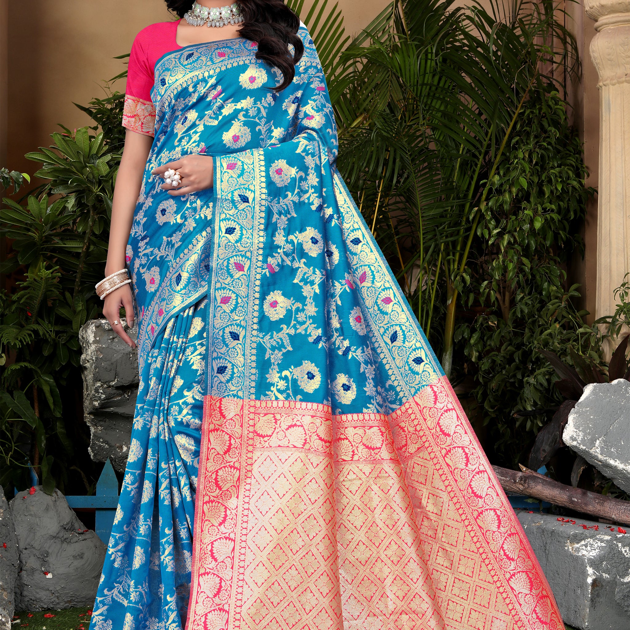 Cerulean Blue Banarasi Silk Saree with Pink Zari Weaving