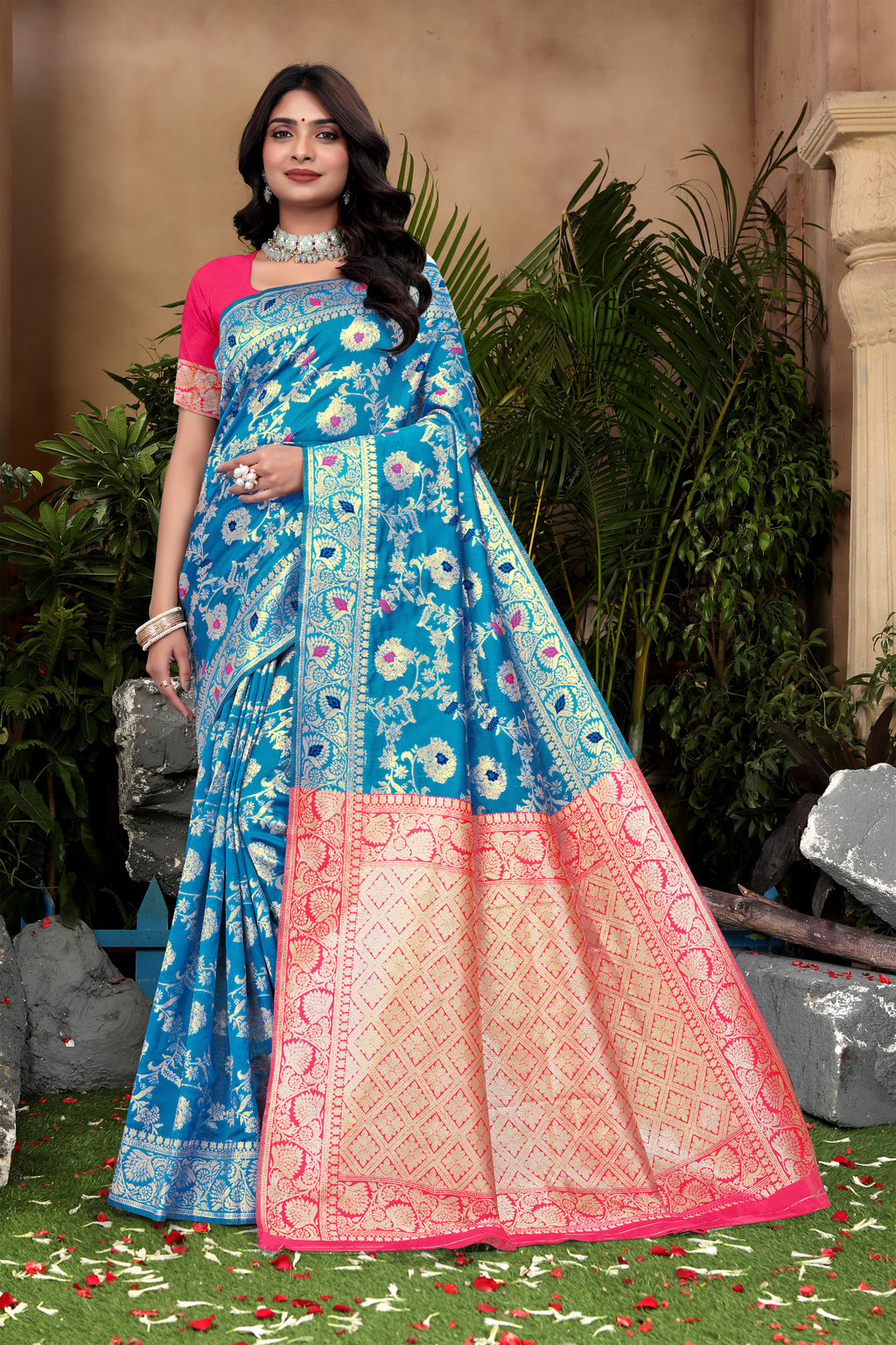 Cerulean Blue Banarasi Silk Saree with Pink Zari Weaving