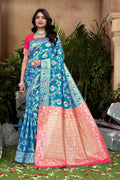 Cerulean Blue Banarasi Silk Saree with Pink Zari Weaving