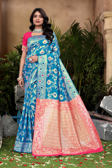 Cerulean Blue Banarasi Silk Saree with Pink Zari Weaving