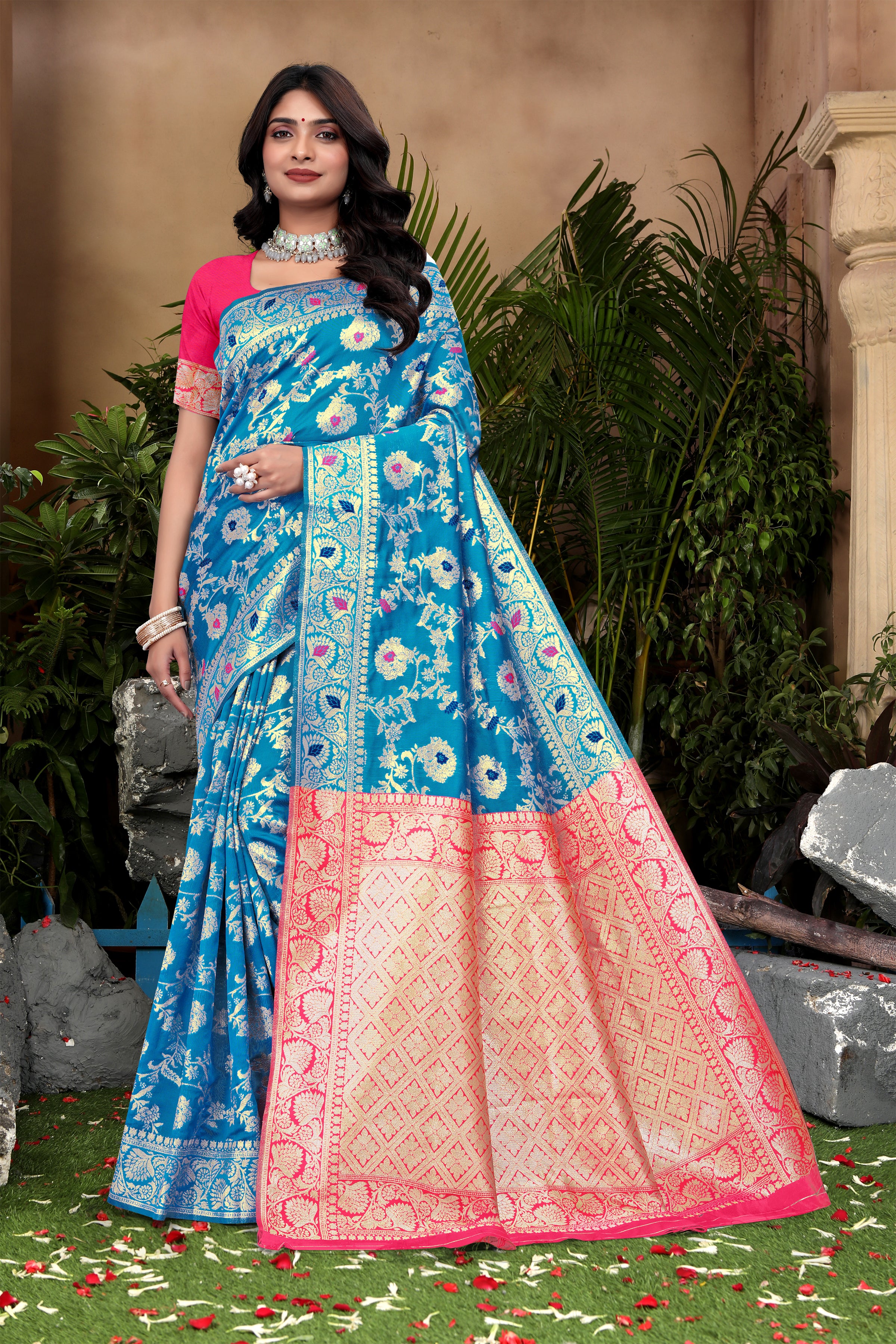 Cerulean Blue Banarasi Silk Saree with Pink Zari Weaving