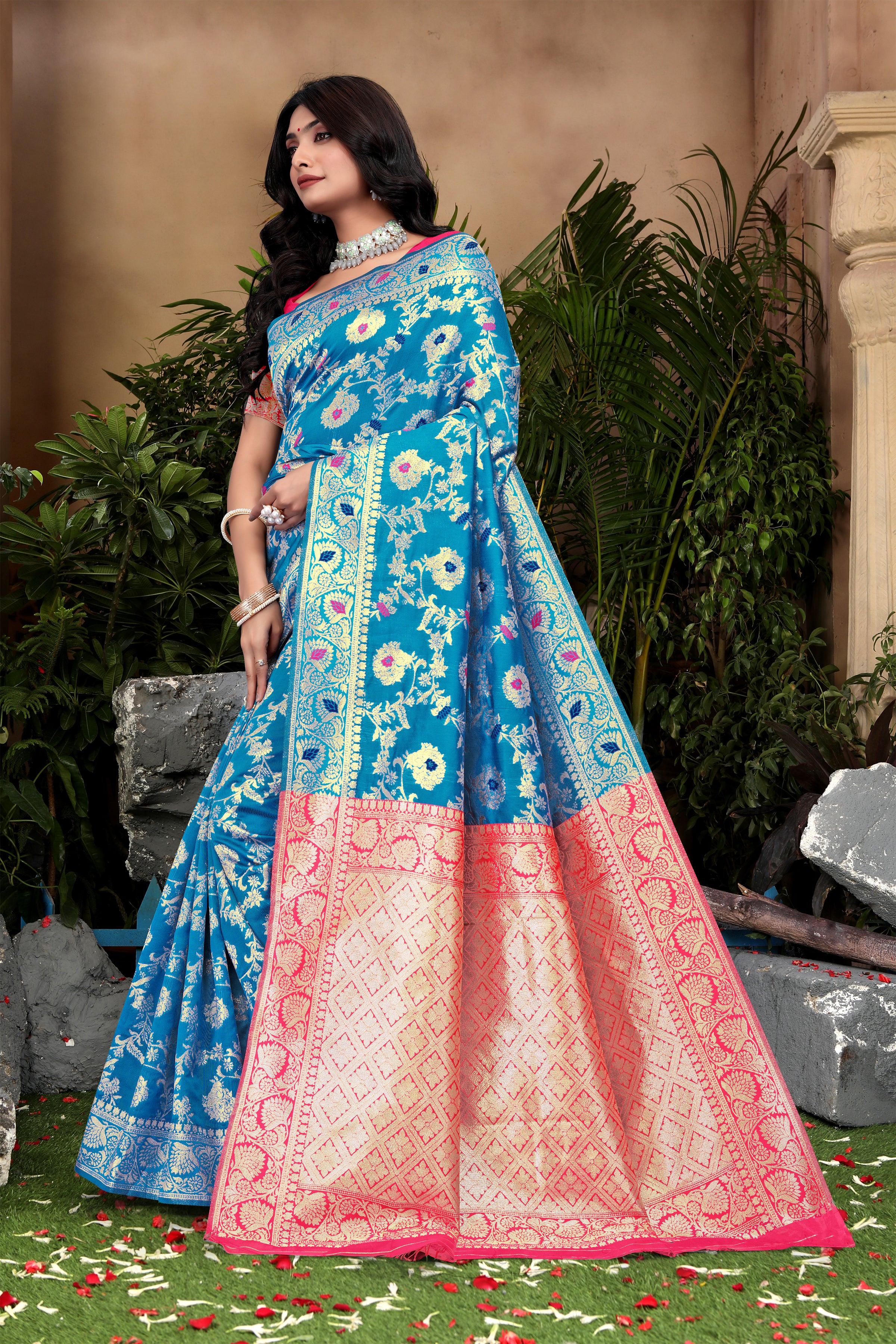 Cerulean Blue Banarasi Silk Saree with Pink Zari Weaving