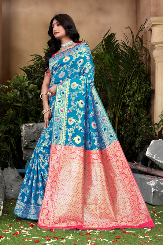 Cerulean Blue Banarasi Silk Saree with Pink Zari Weaving