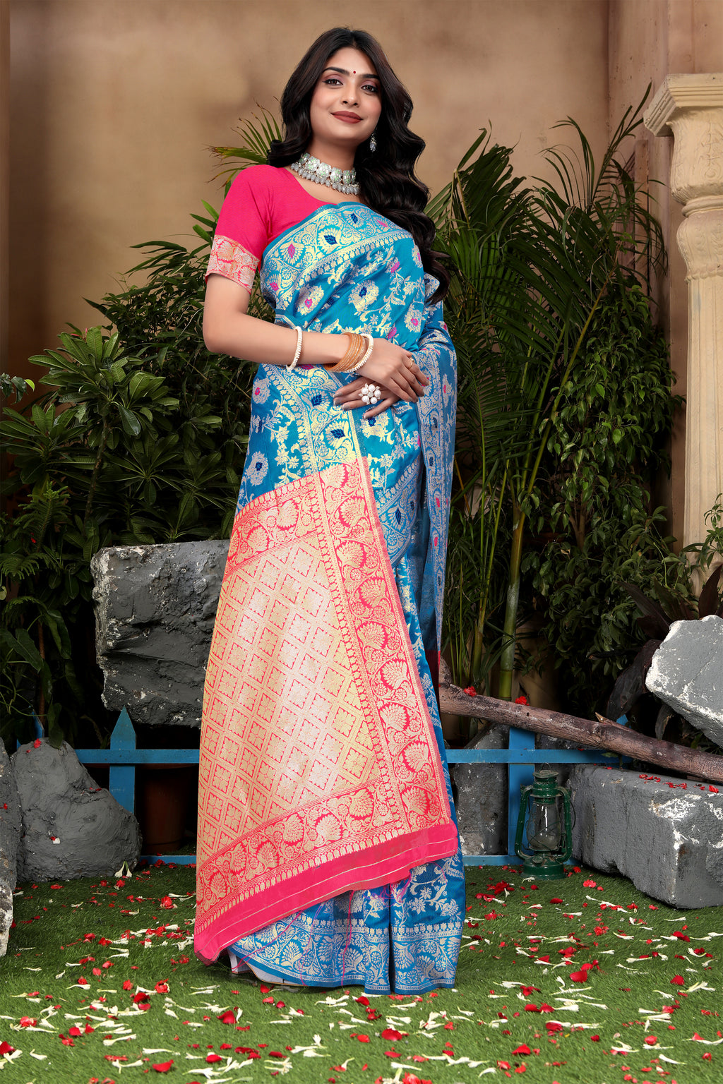 Cerulean Blue Banarasi Silk Saree with Pink Zari Weaving