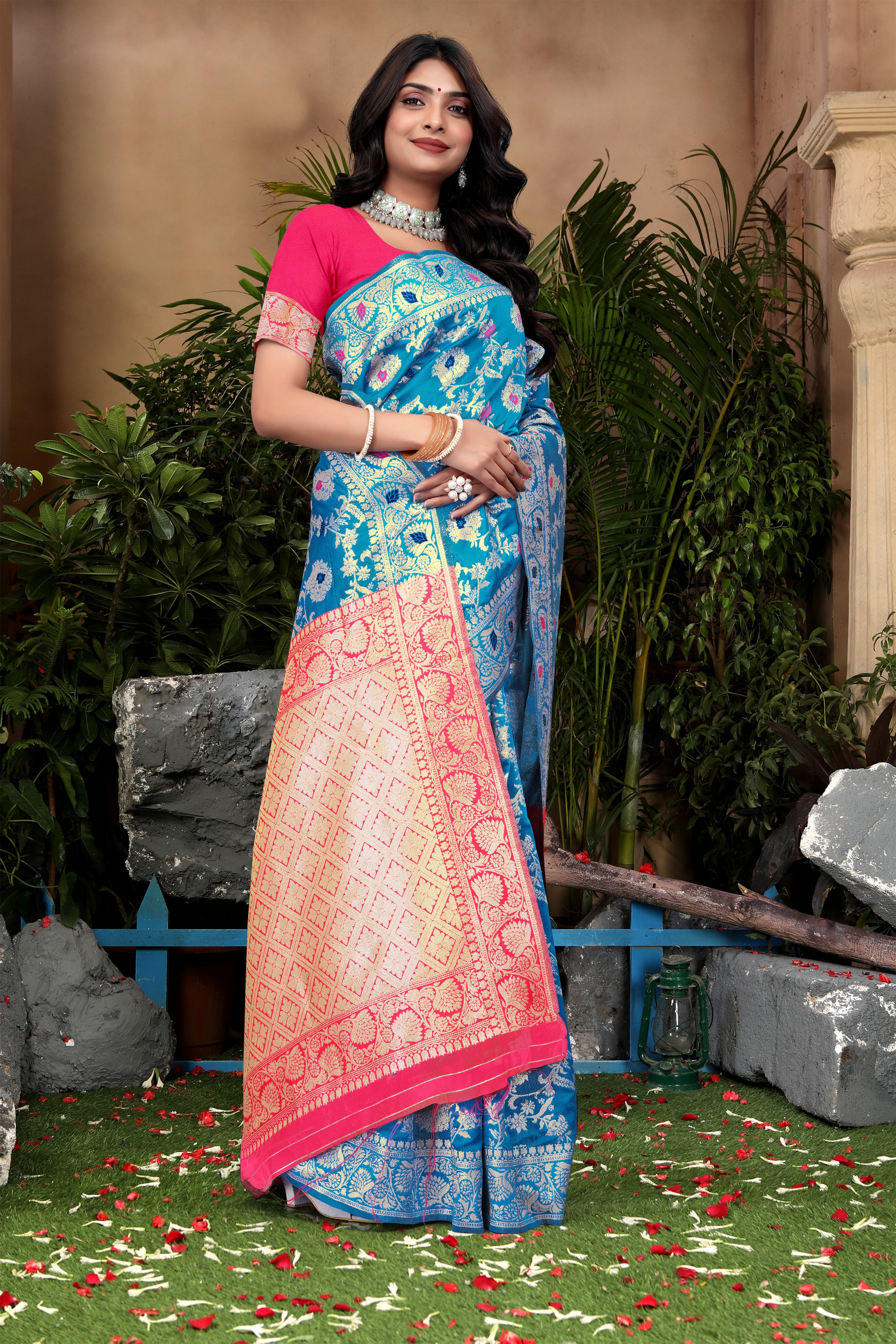 Cerulean Blue Banarasi Silk Saree with Pink Zari Weaving