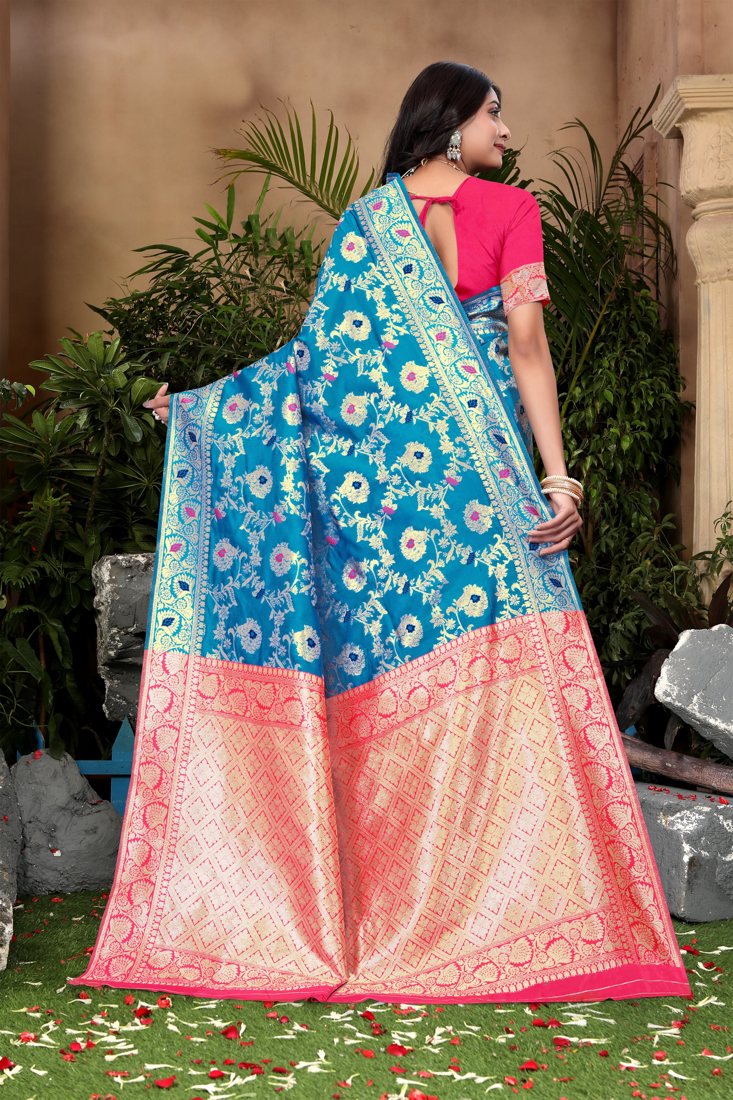 Cerulean Blue Banarasi Silk Saree with Pink Zari Weaving