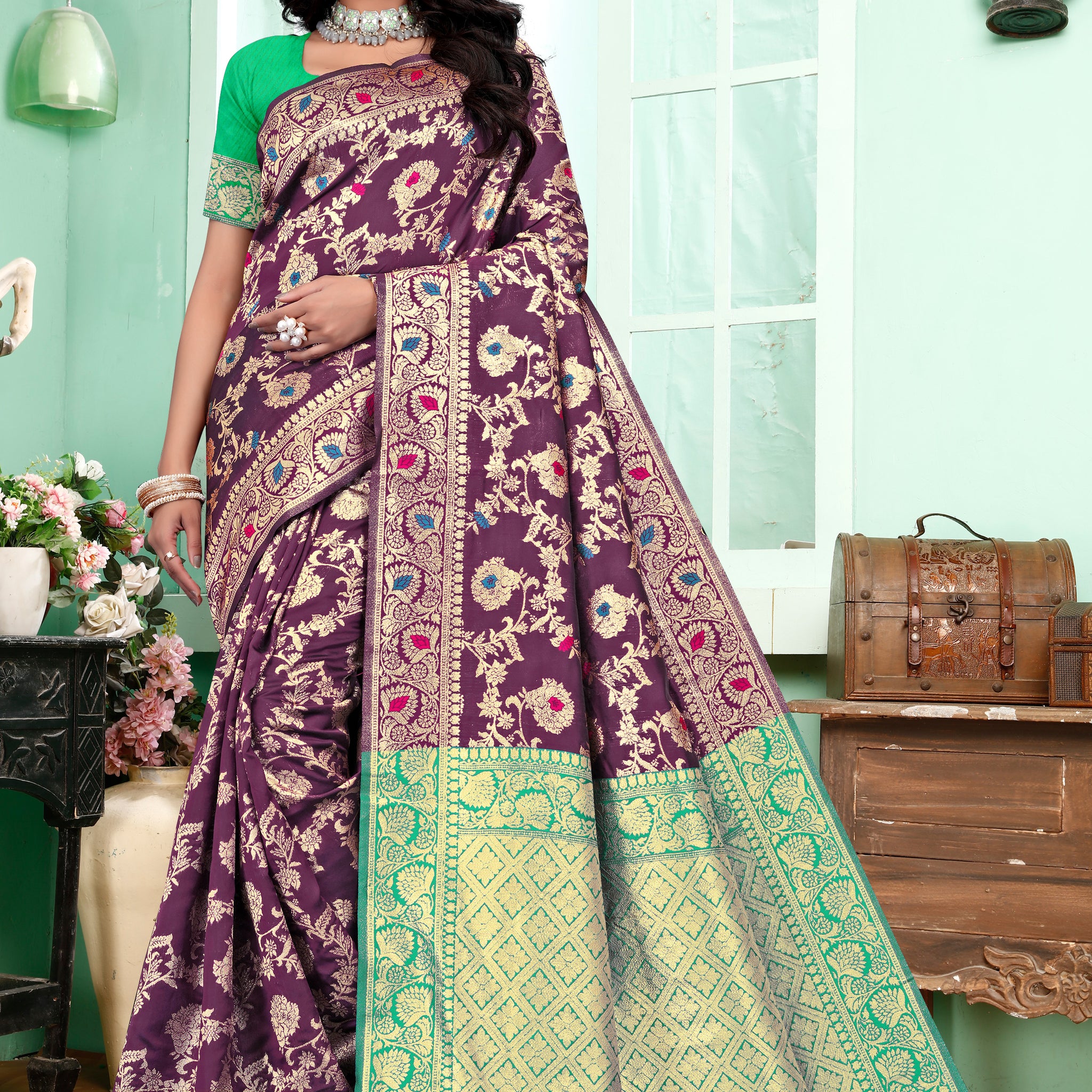 Regal Purple Banarasi Silk Saree with Green Zari Weaving