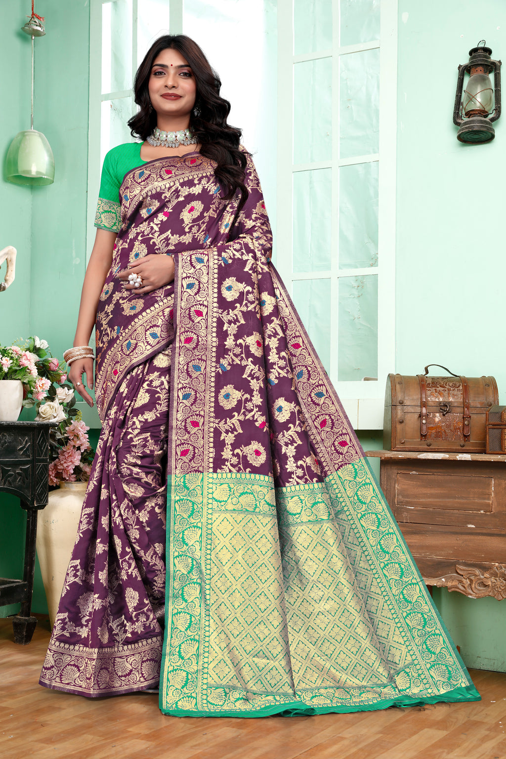 Regal Purple Banarasi Silk Saree with Green Zari Weaving